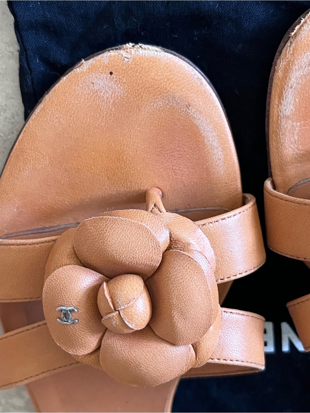 CHANEL Tan Leather Camellia Slide Sandals - Picture 3 of 6